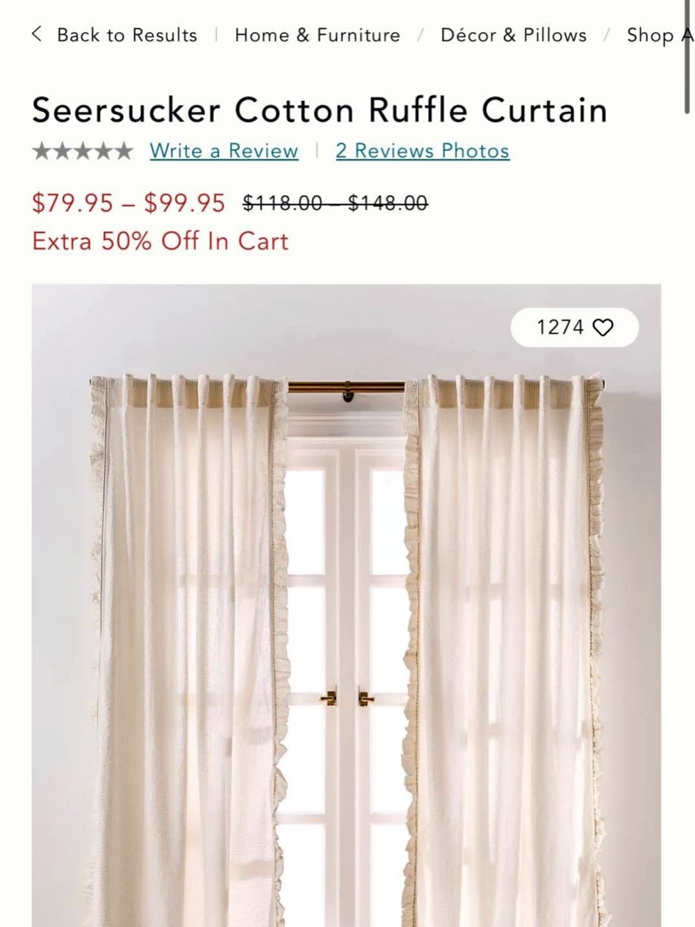 Anthropologie Seersucker Ruffle Curtain — Cream